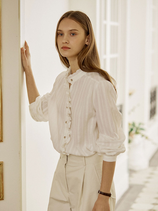 Textured Double Frill Blouse - White