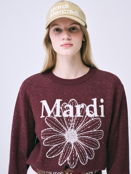 BOUCLE MARDI FLOWER KNIT PULLOVER_BURGUNDY IVORY