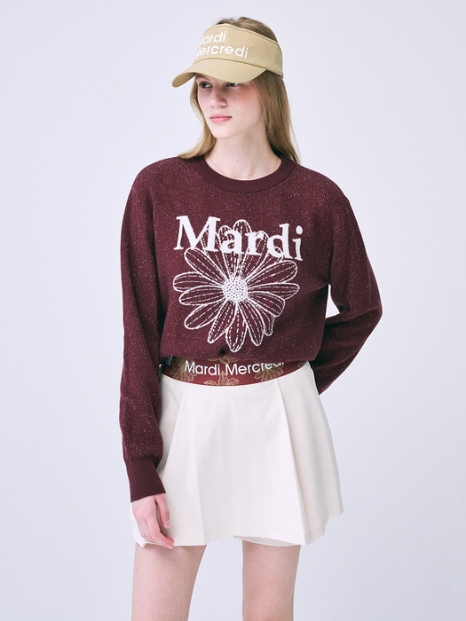 BOUCLE MARDI FLOWER KNIT PULLOVER_BURGUNDY IVORY