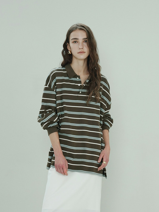 Stripe over collar T- shirt (Khaki)