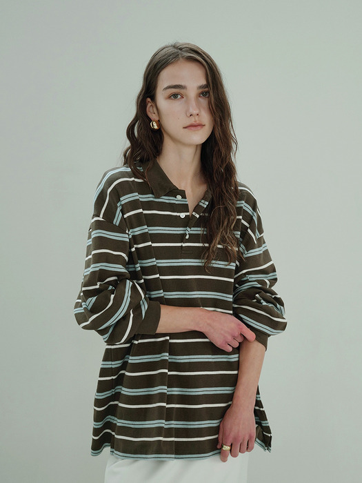 Stripe over collar T- shirt (Khaki)