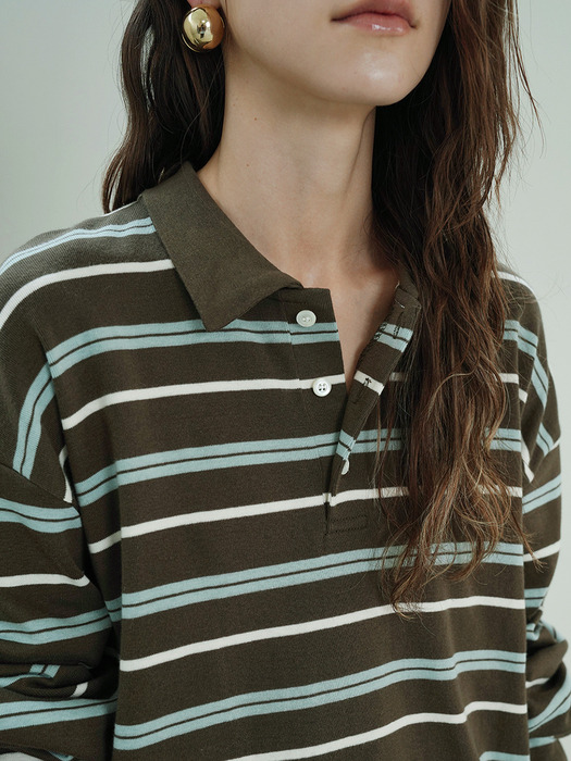 Stripe over collar T- shirt (Khaki)