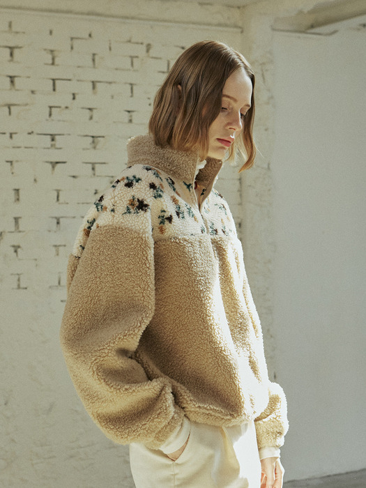 FLOWER FLEECE ZIP UP_BEIGE