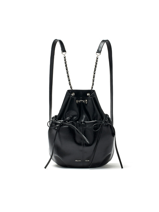 DRAW STRING RIBBON BACK PACK IN BLACK