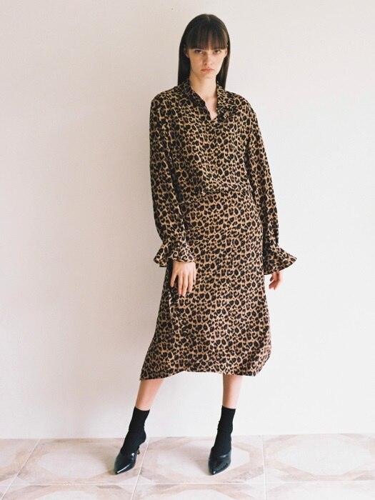 18fw long unbalance slit skirt leopard