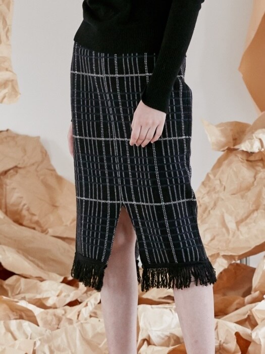 comos99 check slit wool knit skirt (black)