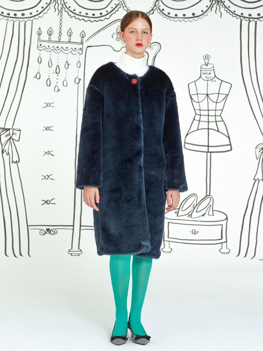 Roundneck Fur Coat _ Navy