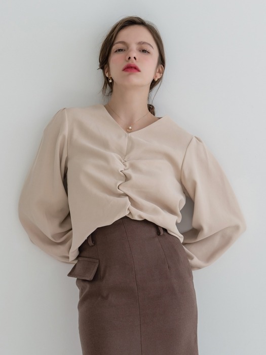 Front Shirring Back Button Blouse Beige
