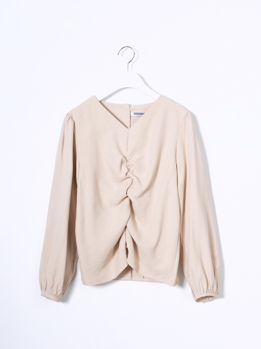 Front Shirring Back Button Blouse Beige