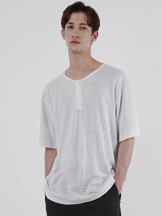 HENLY-NECK LINEN SHORT SLEEVE T-SHIRT_WHITE