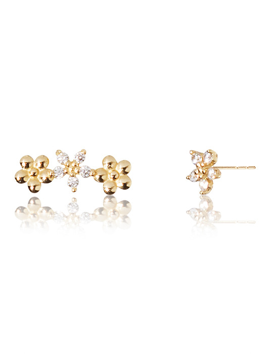 14k gold unbalance CZ flower earrings (14k 골드)