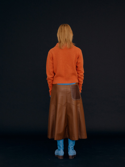 Contrast Pocket Leather Gored Long Skirt / Brown