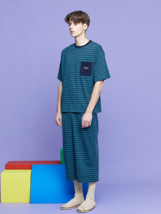Mens Darkgreen Stripe Pocket Pajama Set