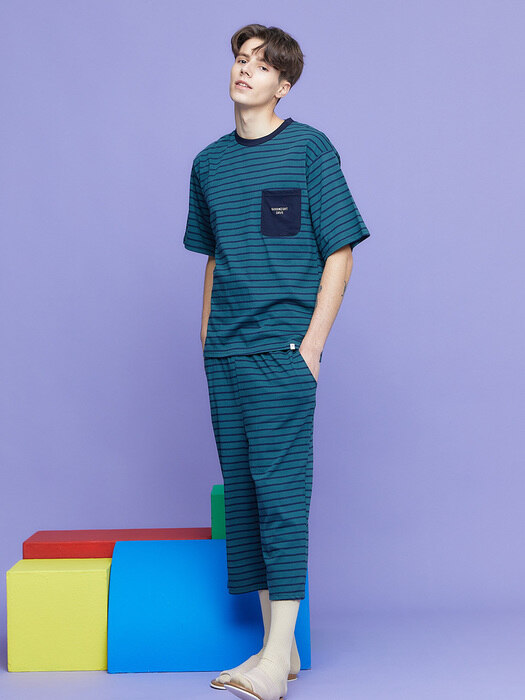 Mens Darkgreen Stripe Pocket Pajama Set