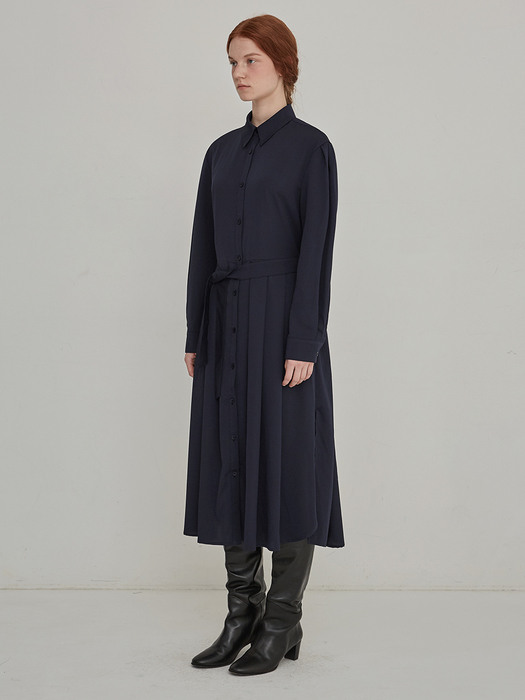 Belted shirt one-piece - Navy