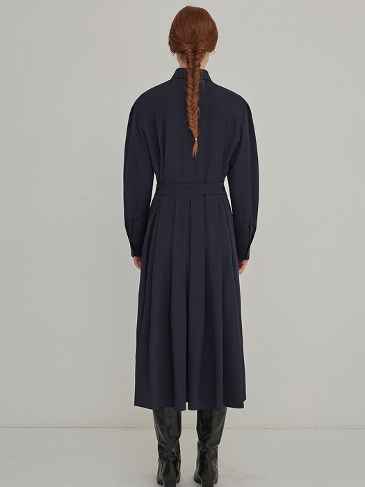 Belted shirt one-piece - Navy
