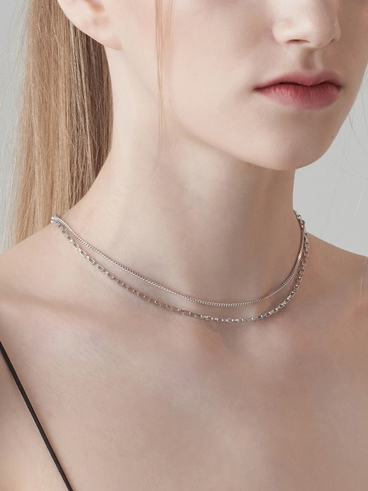 [Silver 925] Wide Box & Curved Chain Tail Necklace