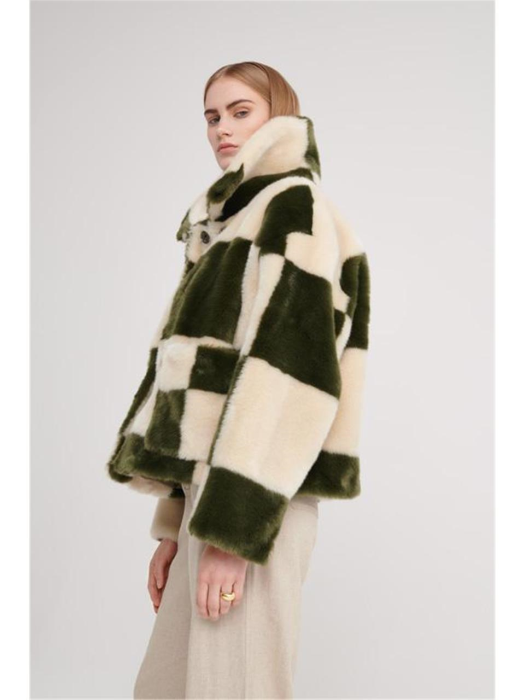 TRACI BOXY FAUX FUR COAT GREEN CHECKERBOARD