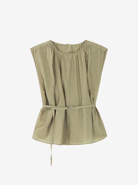 LIGHT TEXTURED SHIRRING BELTED BLOUSE