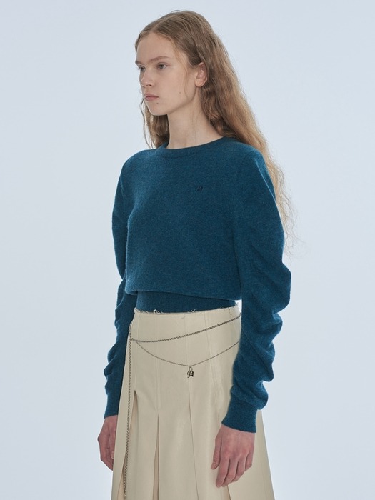 SHIRRING VOLUME SLEEVE KNIT TOP (blue)