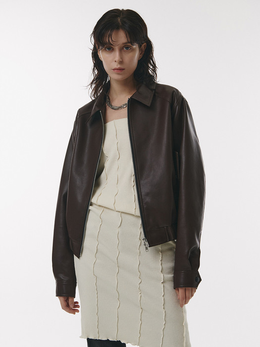FAUX Leather Crop Bomber in Brown