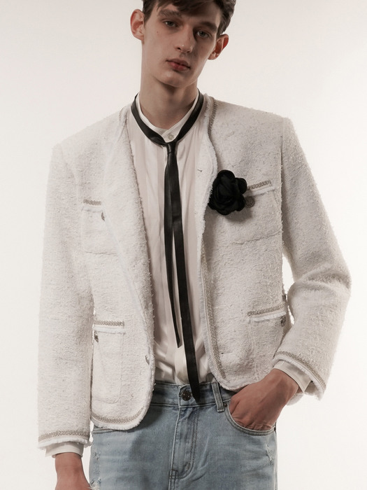 Chain Embellished-Tweed Jacket[White(MAN)]_UTO-FB54