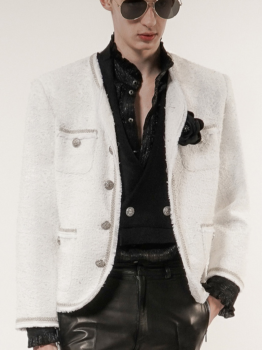Chain Embellished-Tweed Jacket[White(MAN)]_UTO-FB54