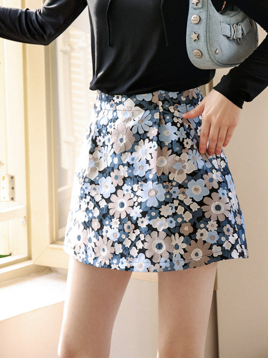 Cest_Blue flower jacquard mini skirt