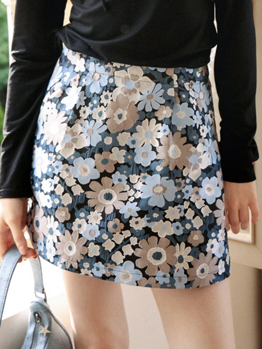 Cest_Blue flower jacquard mini skirt