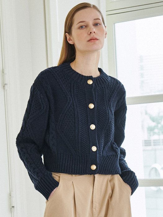 Cable Wool knit Cardigan-Navy