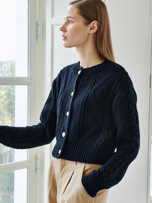 Cable Wool knit Cardigan-Navy