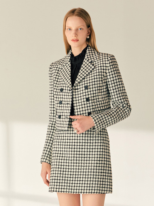 [SET]JANICE Notched collar double breasted tweed cropped jacket + JANET Semi A-line tweed mini skirt (White/Pink)