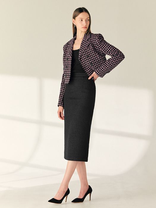 [SET]JANICE Notched collar double breasted tweed cropped jacket + JANET Semi A-line tweed mini skirt (White/Pink)