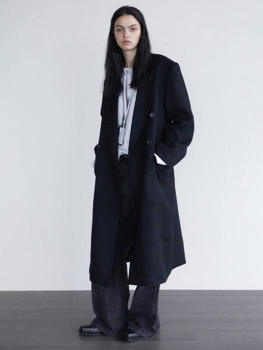 Wool double long coat - Black