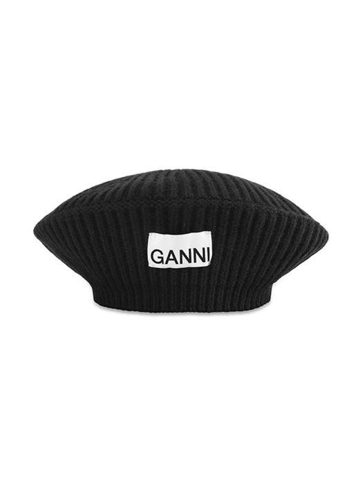 GANNI A4430 099 스트럭처드 리브 로고 패치 울 베레모