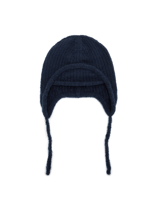 LABEL POINT CABLE EARFLAP BEANIE IN NAVY