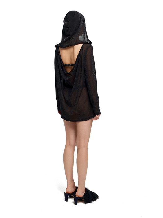 Glitter mesh drape hoodie dress (black-glitter)