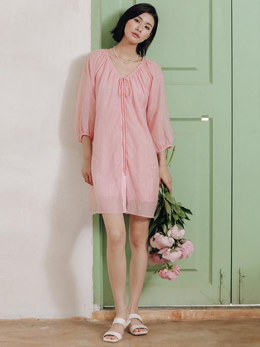 LS_Sweet v neck string pink dress