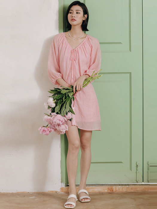 LS_Sweet v neck string pink dress