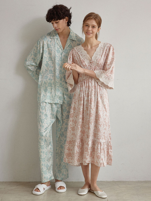 커플 루블린 샤틴 브이넥 7부소매 원피스 잠옷