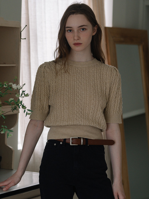 Cable Puff Sleeve Knit - Beige