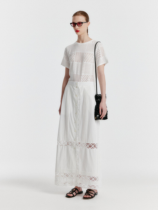 YOANNA Button-front Lace-trim Skirt - White
