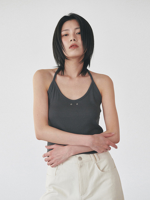[ESSENTIAL] EYELET HALTER SLEEVELESS - CHARCOAL