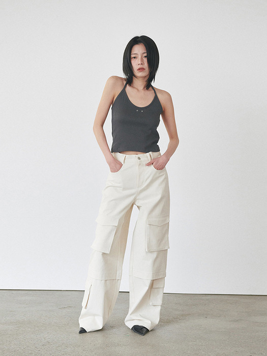 [ESSENTIAL] EYELET HALTER SLEEVELESS - CHARCOAL