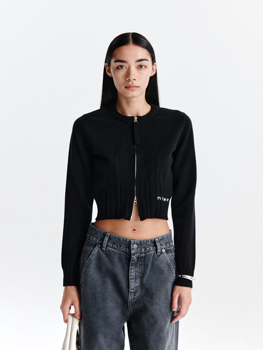 ROUND ZIP UP CROP CARDIGAN IN BLACK