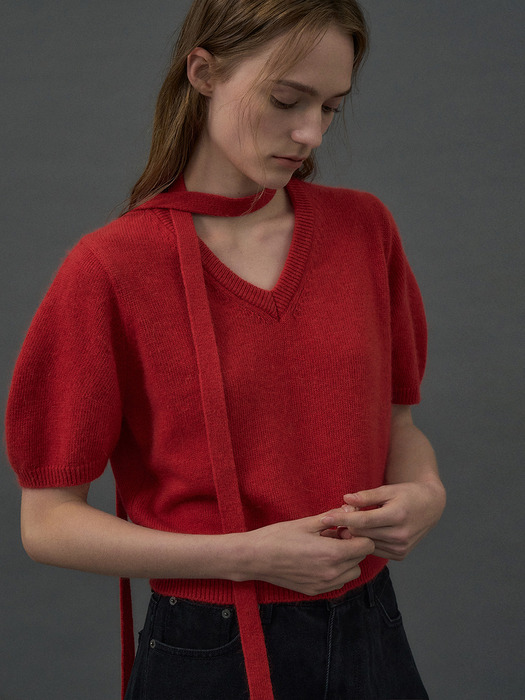 Fox Balloon Half Sleeve Knit Top[LMBDAUKN254]-Scarlet Red