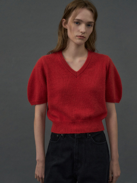 Fox Balloon Half Sleeve Knit Top[LMBDAUKN254]-Scarlet Red