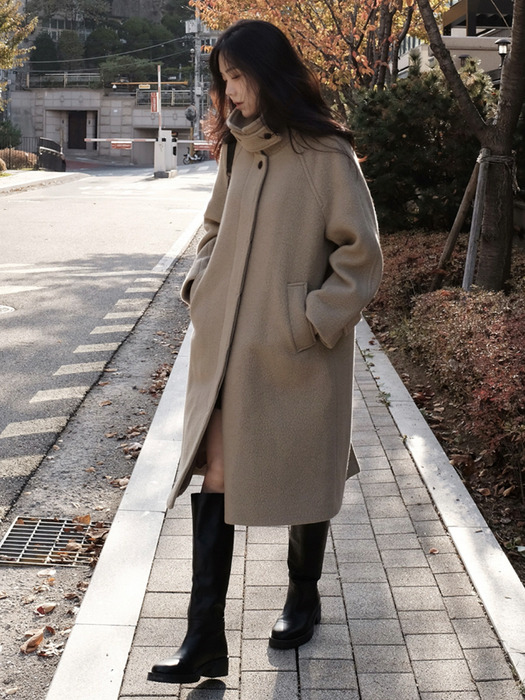 Boucle texture hidden button wool blend mac coat_Khaki