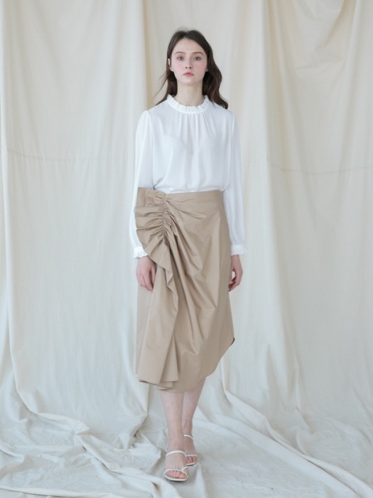 Ruffle Shirring Skirt_BEIGE