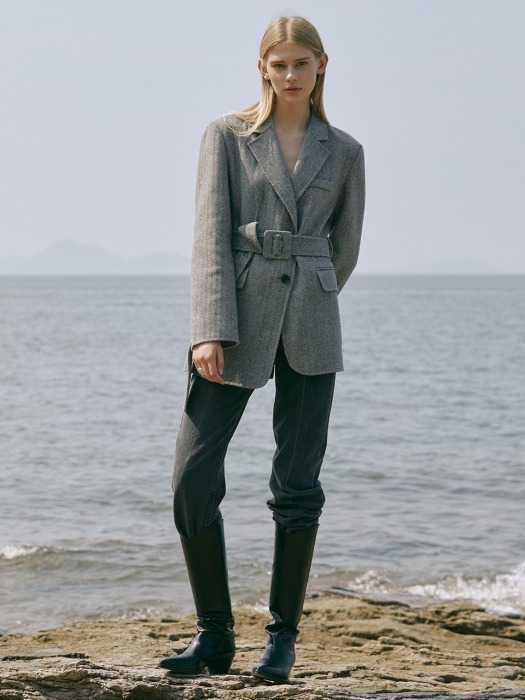 Premium handmade wool asymmetrical belted jacket in herringbone gray